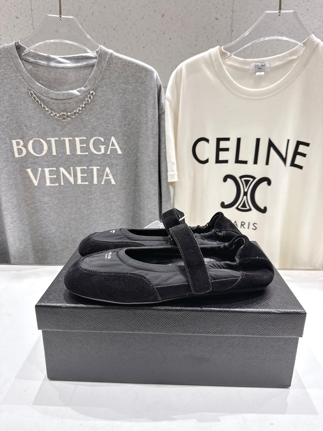 PRADA 25S COLLAPSE RE NYLON AND SUEDE BALLERINAS IN BLACK