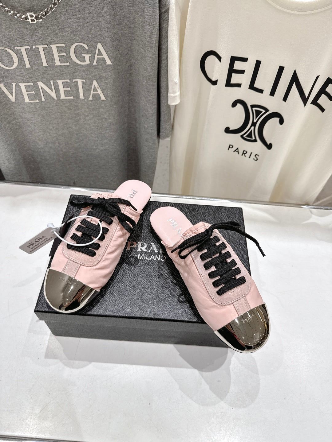 PRADA 25S MULES IN LIGHT PINK WITH METAL TOECAP