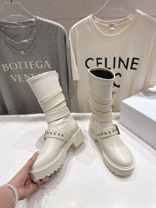 DIOR 25S BIKER BOOTS IN CREAM WHITE CALFSKIN WITH SILVER HARDWARE
