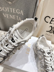 DIOR 25S SNEAKER IN SILVER LAMBSKIN AND MESH FABRIC WITH PEARL DETAILING
