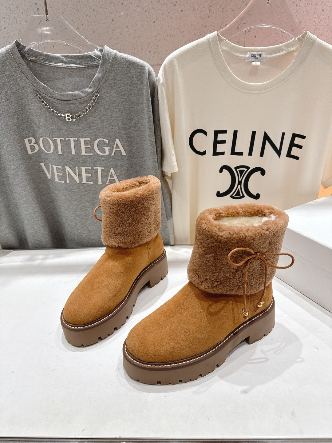 CELINE 26S FUR-TRIM ANKLE BOOTS IN BROWN SUEDE
