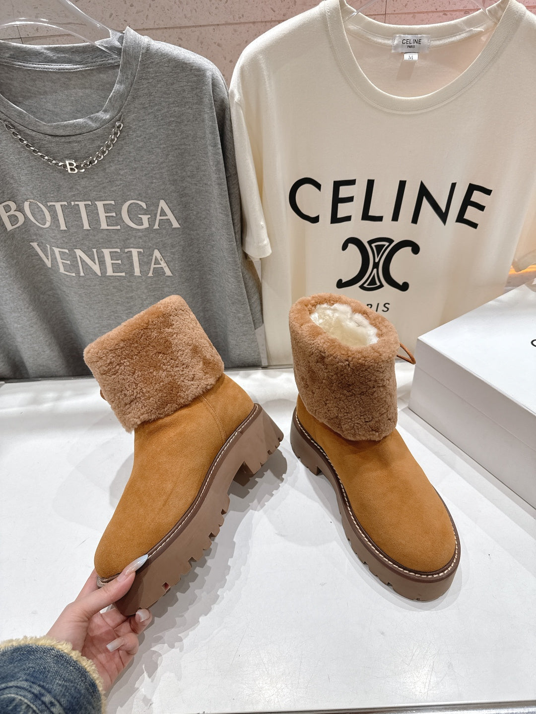 CELINE 26S FUR-TRIM ANKLE BOOTS IN BROWN SUEDE
