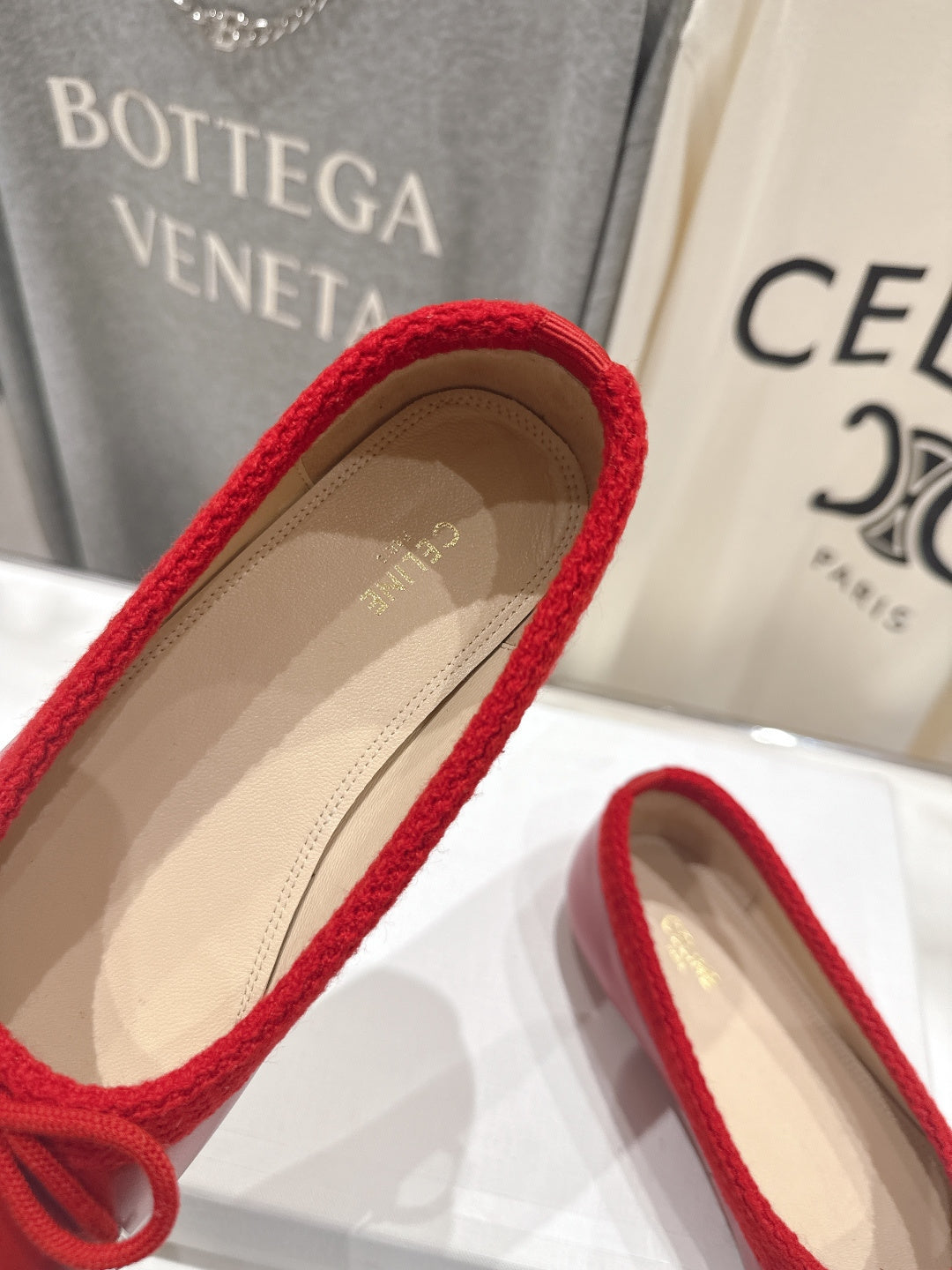 CELINE 26S BALLET FLATS IN RED CALFSKIN WITH BOW