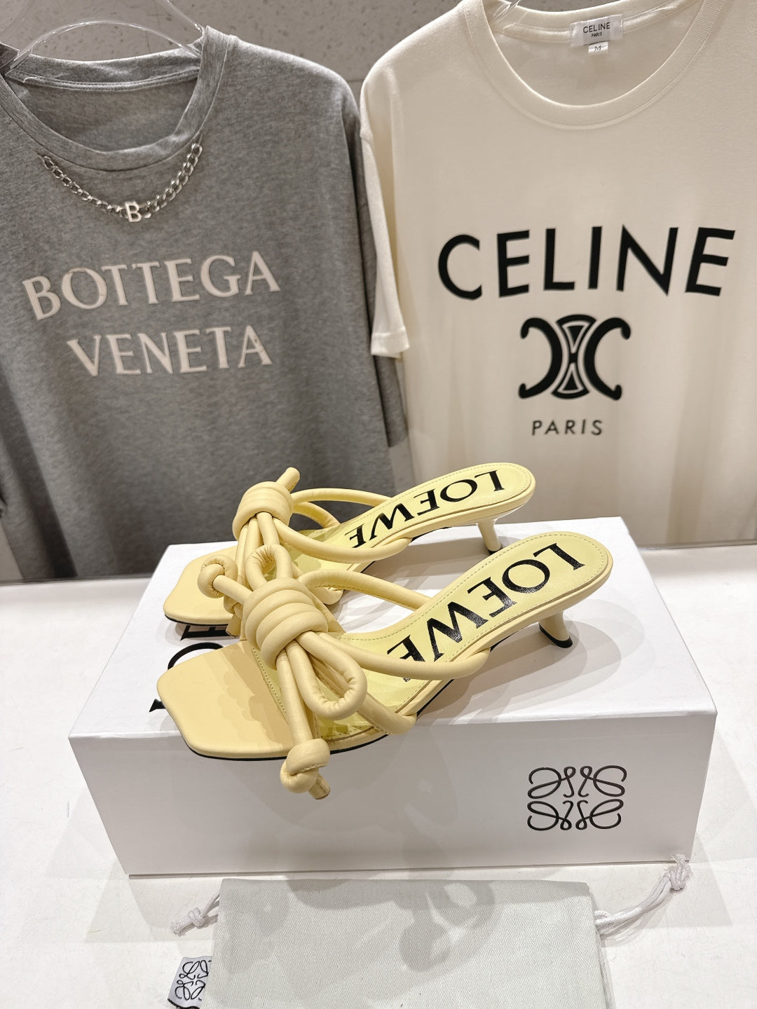 LOEWE 26S KITTEN HEEL KNOT SANDALS IN BUTTER YELLOW CALFSKIN
