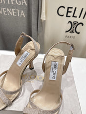 JIMMY CHOO 26S HIGH-HEELED SANDALS 100 MM IN LIGHT BEIGE GLITTER FABRIC