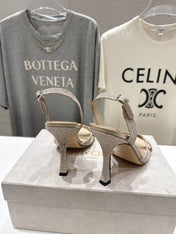 JIMMY CHOO 26S HIGH-HEELED SANDALS 100 MM IN LIGHT BEIGE GLITTER FABRIC