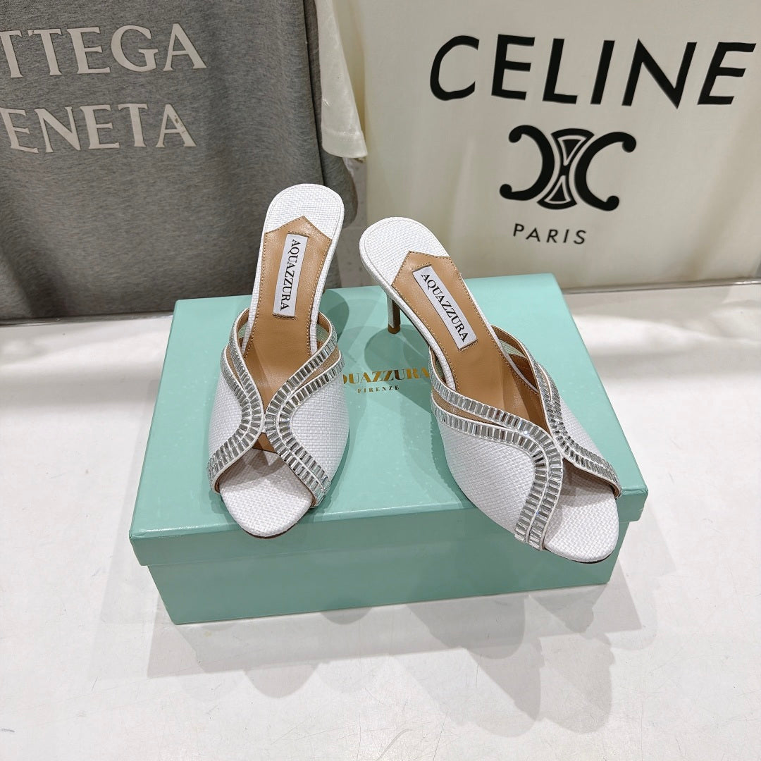 AQUAZZURA 26S HEEL SANDALS 80 MM IN WHITE CANVAS WITH CRYSTALS
