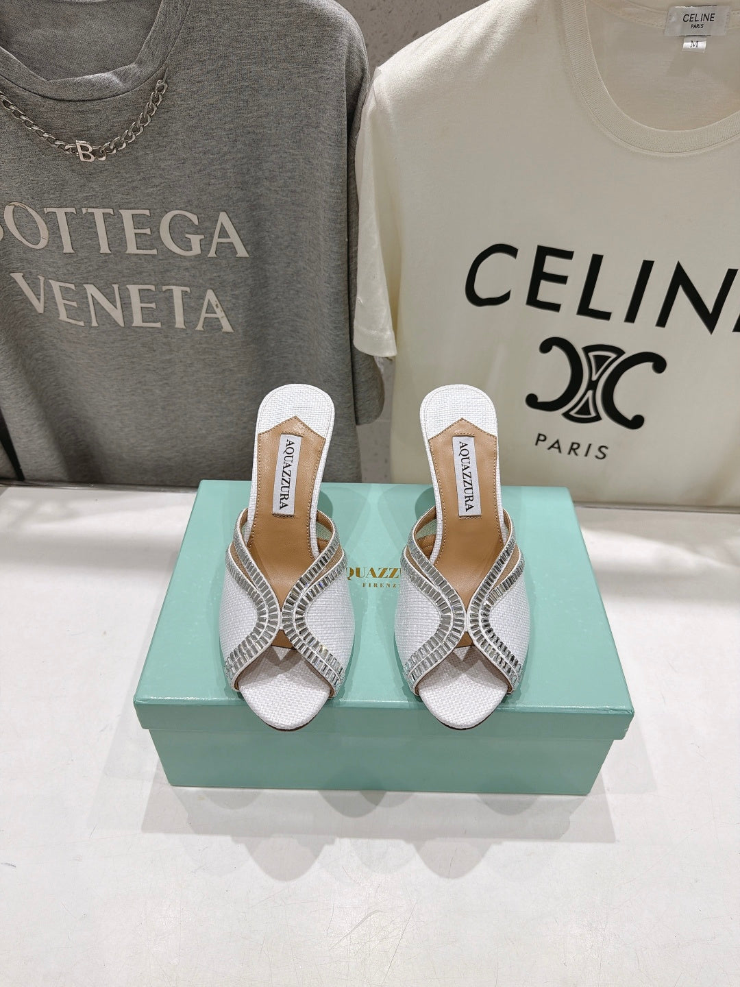 AQUAZZURA 26S HEEL SANDALS 80 MM IN WHITE CANVAS WITH CRYSTALS