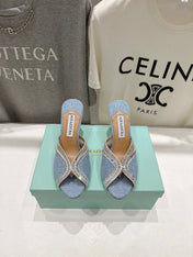 AQUAZZURA 26S HEEL SANDALS 80 MM IN SKY BLUE CANVAS WITH CRYSTALS