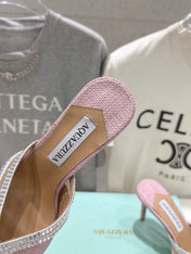 AQUAZZURA 26S HEEL SANDALS 80 MM IN LIGHT PINK CANVAS WITH CRYSTALS