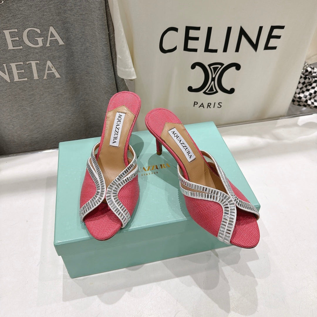 AQUAZZURA 26S HEEL SANDALS 80 MM IN CORAL PINK CANVAS WITH CRYSTALS