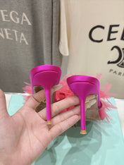 AQUAZZURA 26S BOUQUET HEELED SANDALS 80 MM IN PINK SATIN & CALFSKIN