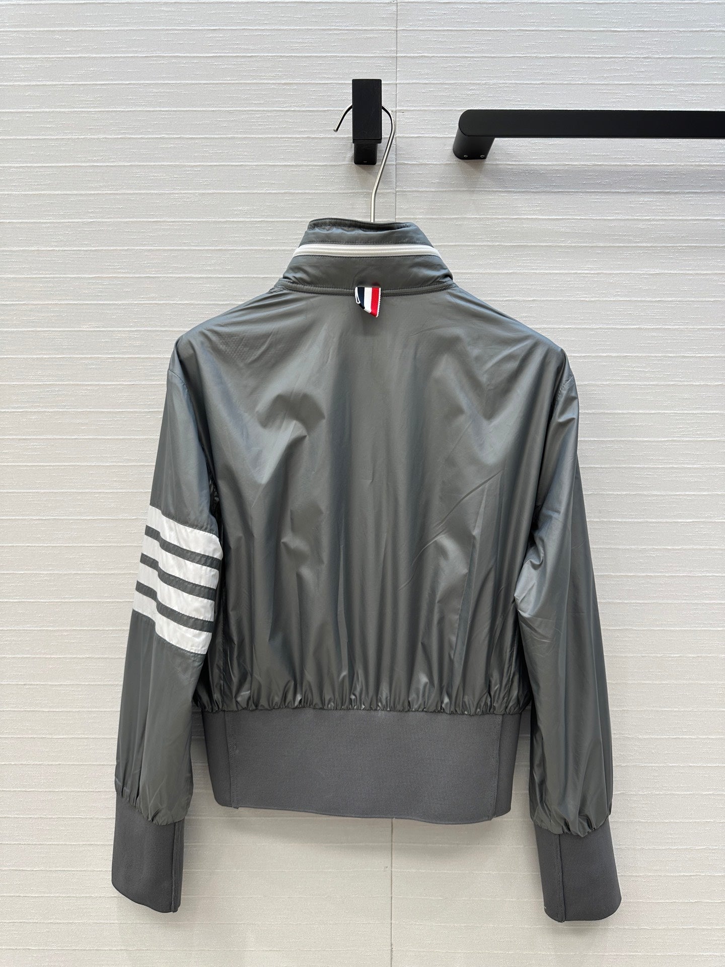 THOM BROWNE STAND COLLAR ZIP-UP JACKET IN GREY