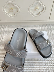 LV TWO-STRAP SANDALS 25S IN GREY DENIM AND CALFSKIN  WITH SILVER HARDWARE