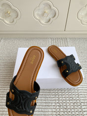 CELINE 26S TRIOMPHE SLIDE SANDALS IN BLACK CALFSKIN WITH TAN BROWN FOOTBED