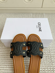 CELINE 26S TRIOMPHE SLIDE SANDALS IN BLACK CALFSKIN WITH TAN BROWN FOOTBED