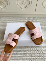CELINE 26S TRIOMPHE SLIDE SANDALS IN LIGHT PINK CALFSKIN WITH TAN BROWN FOOTBED