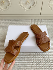 CELINE 26S TRIOMPHE SLIDE SANDALS IN TAN BROWN CALFSKIN