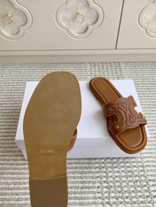CELINE 26S TRIOMPHE SLIDE SANDALS IN TAN BROWN CALFSKIN