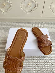 CELINE 26S TRIOMPHE SLIDE SANDALS IN TAN BROWN CALFSKIN