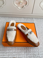 HM 25S CATENA MULE IN BEIGE SHEARLING AND BROWN LAMBSKIN WITH SILVER HARDWARE