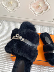 HM 25S ECLAIR SANDAL IN BLACK SHEARLING WITH SILVER HARDWARE