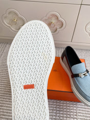 HM 25S SLIP-ON IN SKY BLUE CANVAS AND BLACK LAMBSKIN WITH SILVER HARDWARE
