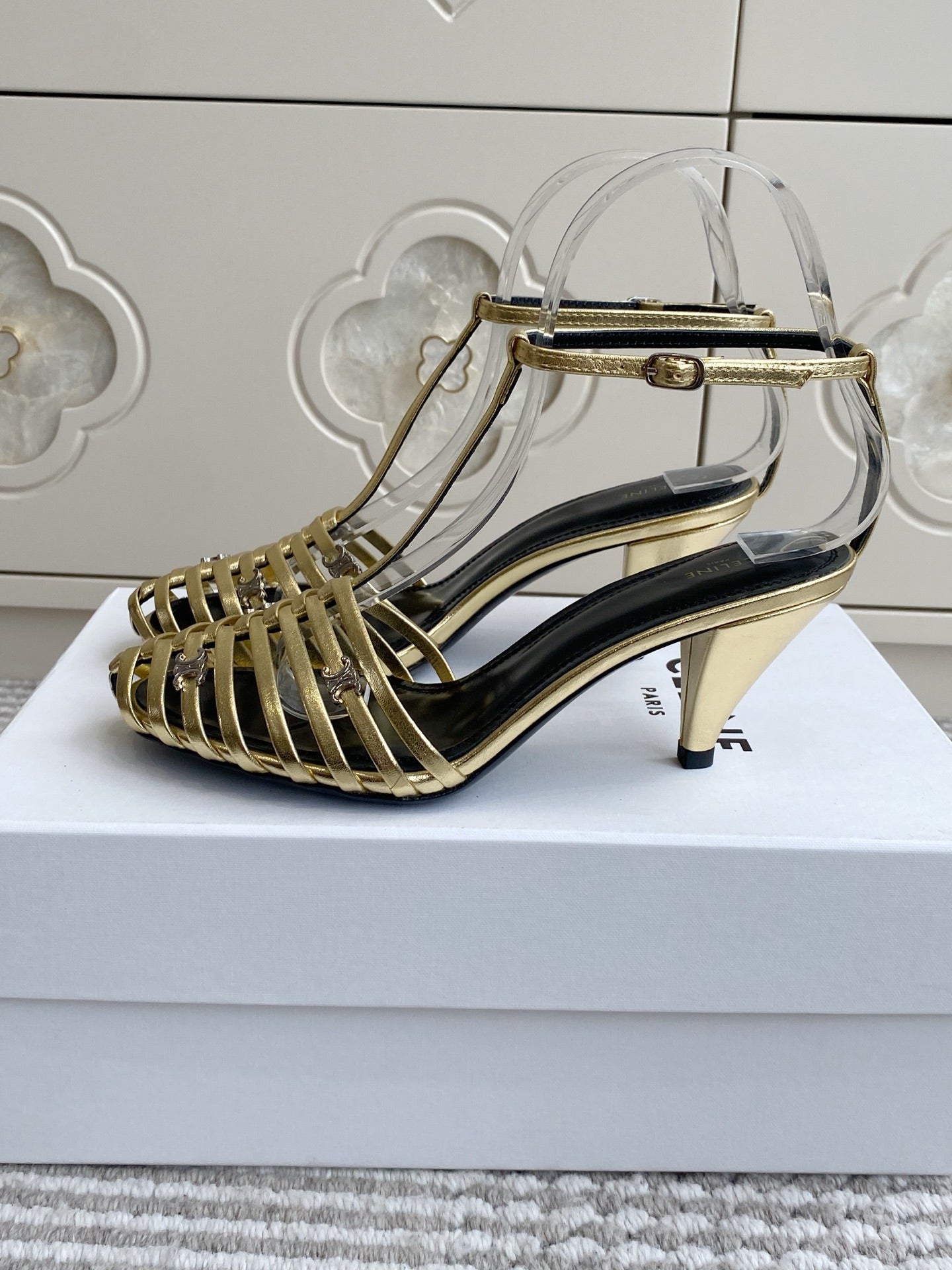 CELINE 26S CLEA TRIOMPHE GLADIATOR HEEL SANDALS 60 MM IN GOLD LAMBSKIN