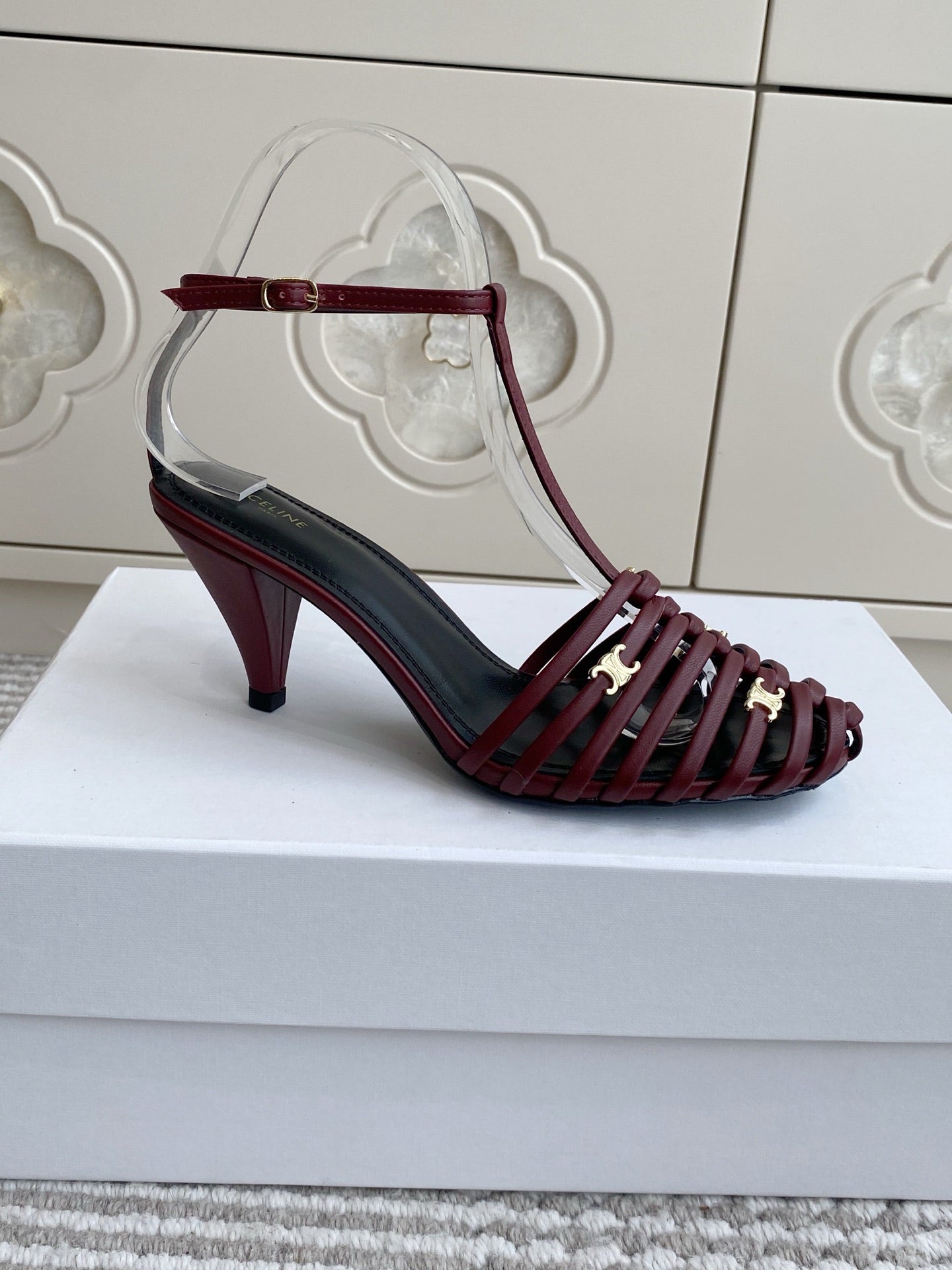 CELINE 26S CLEA TRIOMPHE GLADIATOR HEEL SANDALS 60 MM IN DARK RED LAMBSKIN