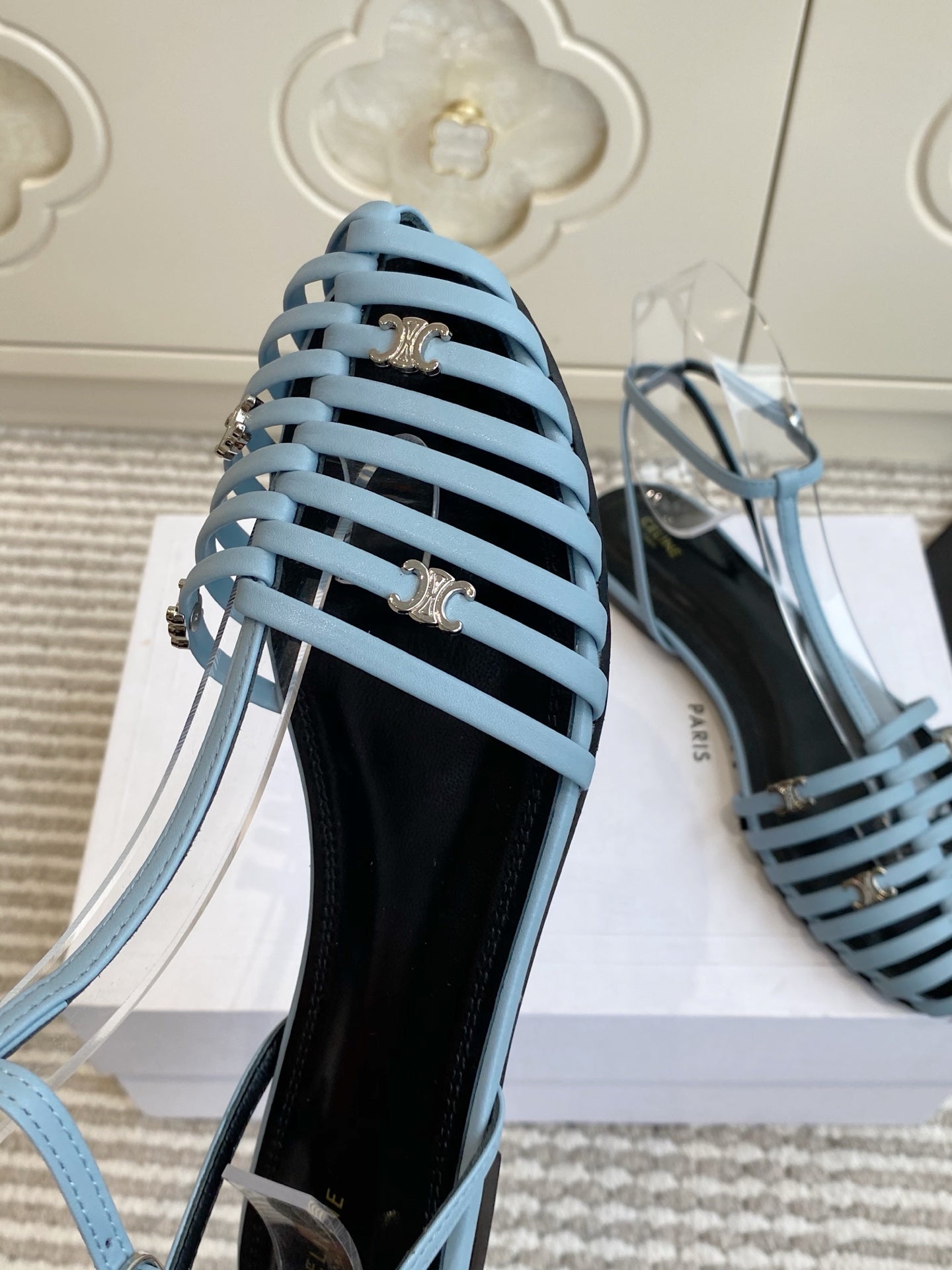 CELINE 26S CLEA TRIOMPHE GLADIATOR SANDALS IN SKY BLUE LAMBSKIN