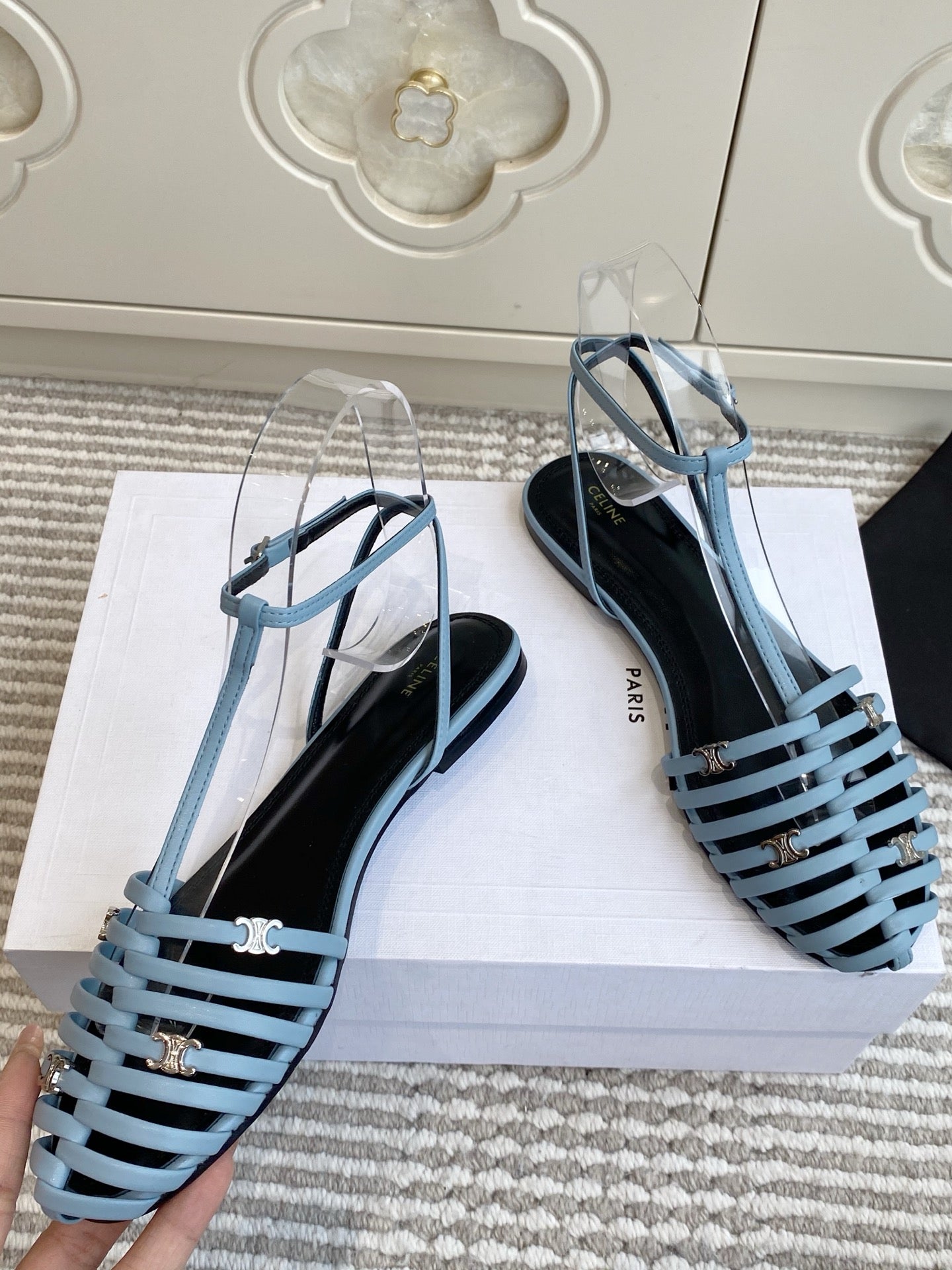 CELINE 26S CLEA TRIOMPHE GLADIATOR SANDALS IN SKY BLUE LAMBSKIN