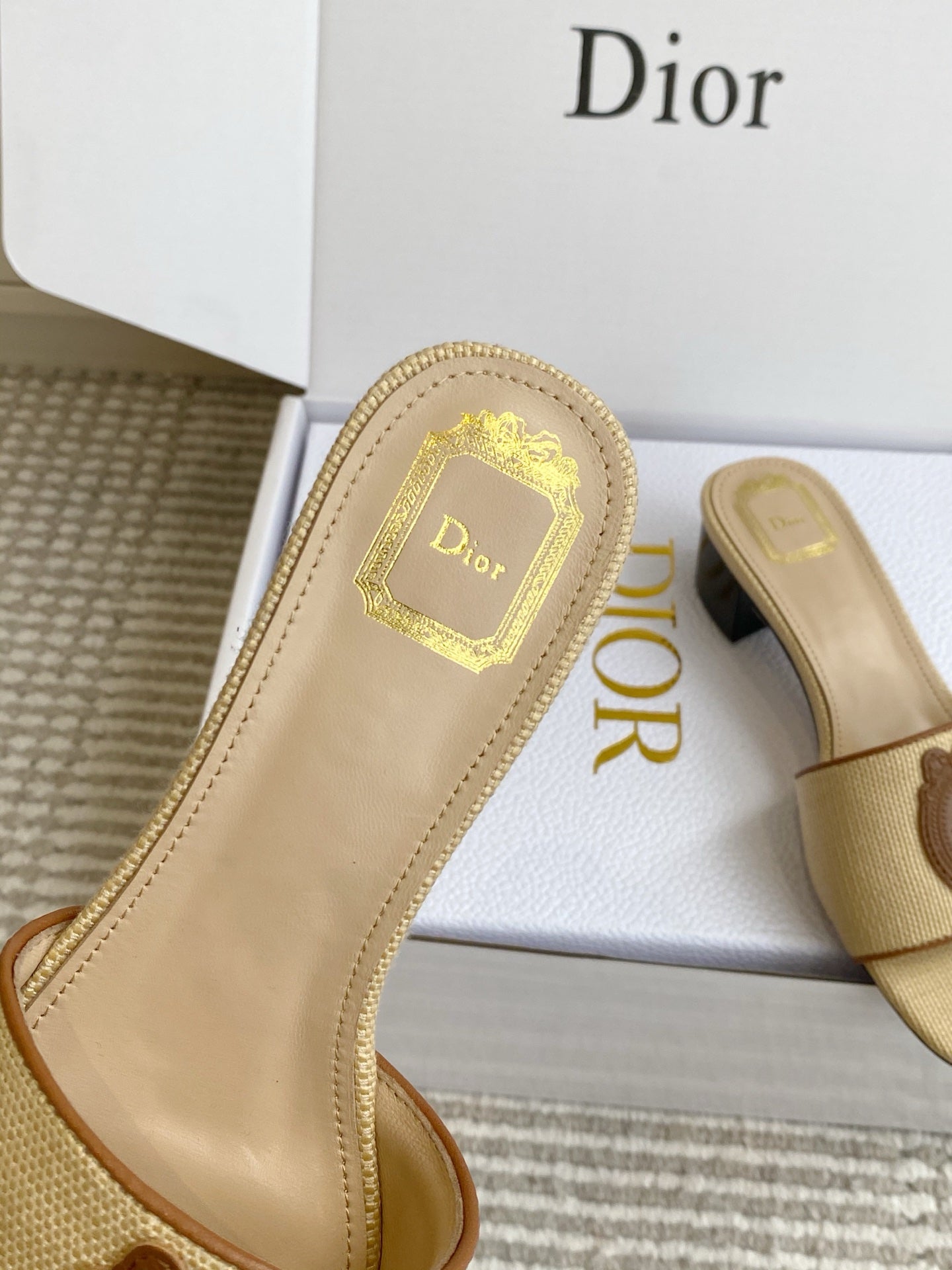 DIOR 26S D-BADGE SLIDE SANDALS IN BEIGE RAFFIA AND BROWN CALFSKIN