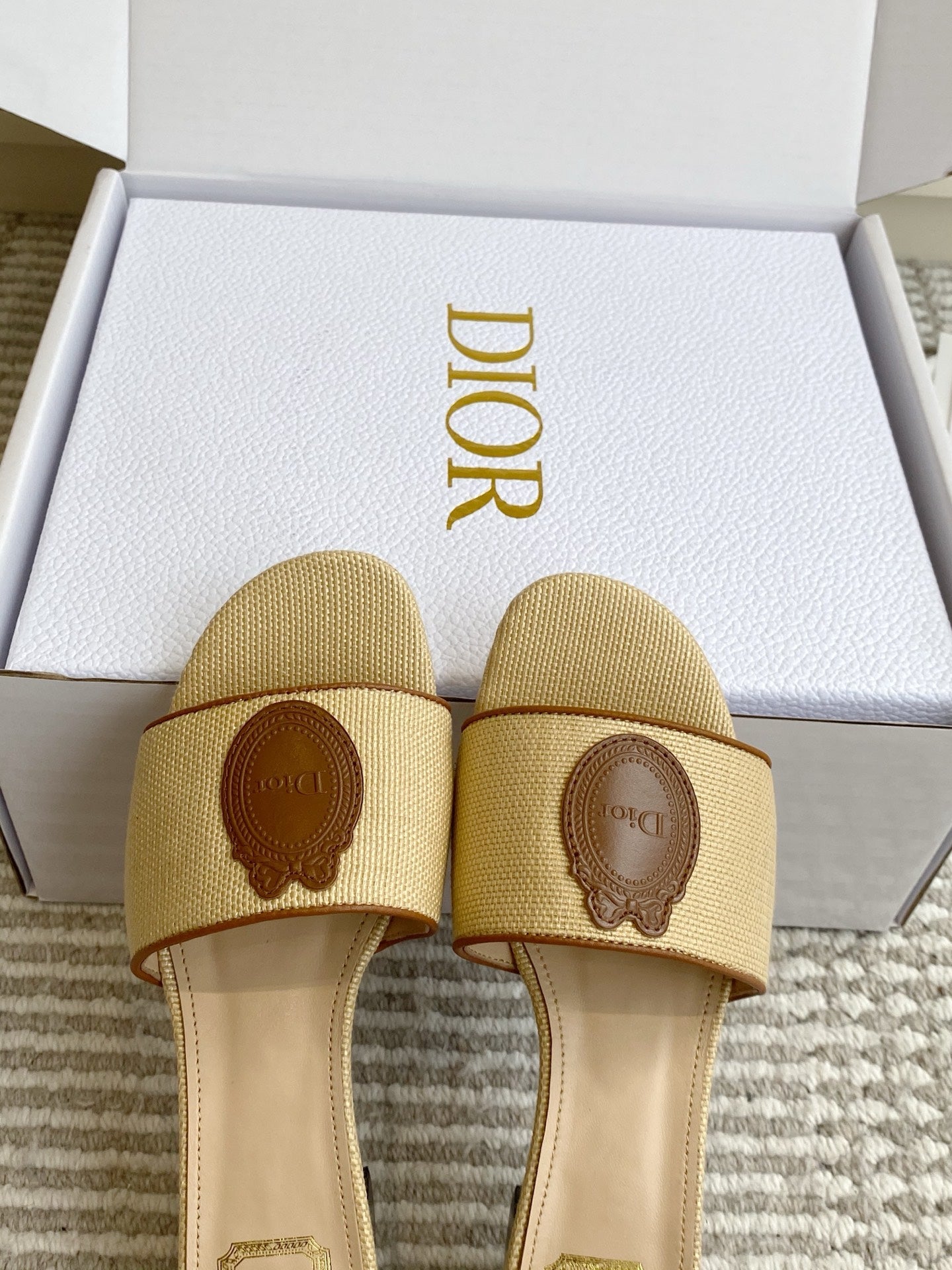 DIOR 26S D-BADGE SLIDE SANDALS IN BEIGE RAFFIA AND BROWN CALFSKIN