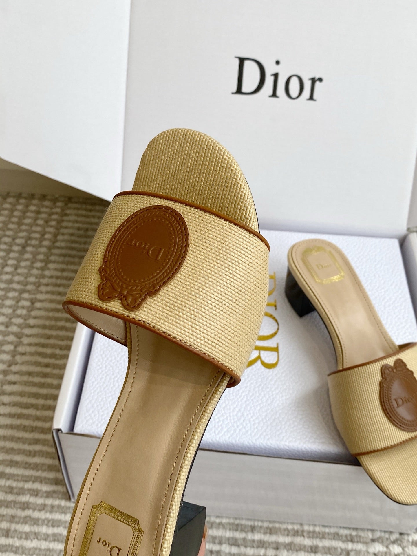 DIOR 26S D-BADGE SLIDE SANDALS IN BEIGE RAFFIA AND BROWN CALFSKIN