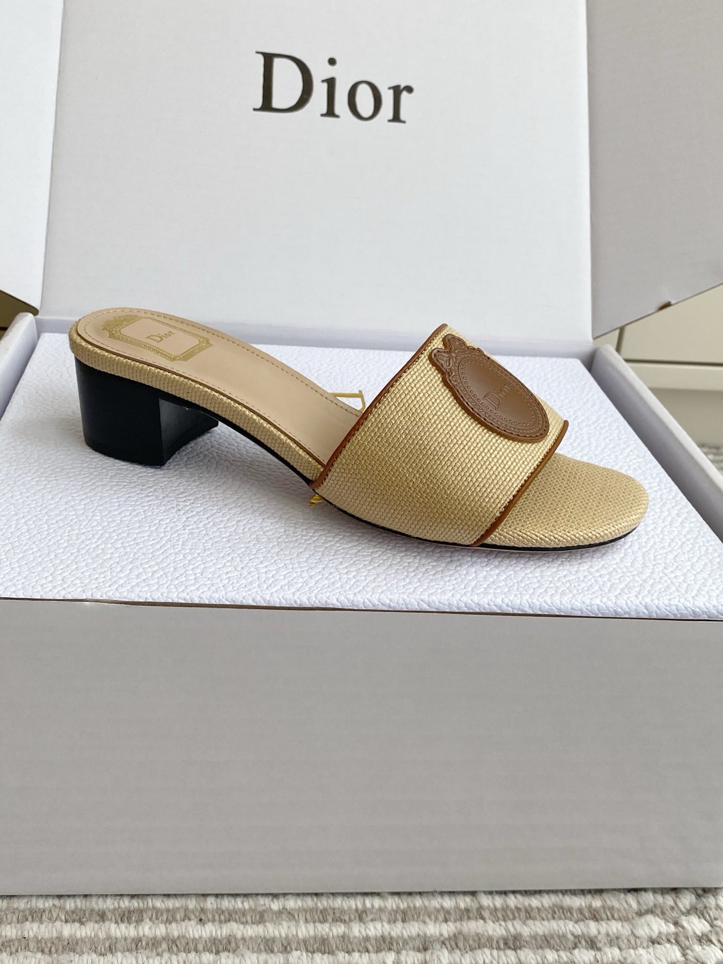 DIOR 26S D-BADGE SLIDE SANDALS IN BEIGE RAFFIA AND BROWN CALFSKIN
