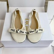 DIOR 26S BALLET FLATS IN IVORY WHITE MESH WITH J'ADIOR BOW