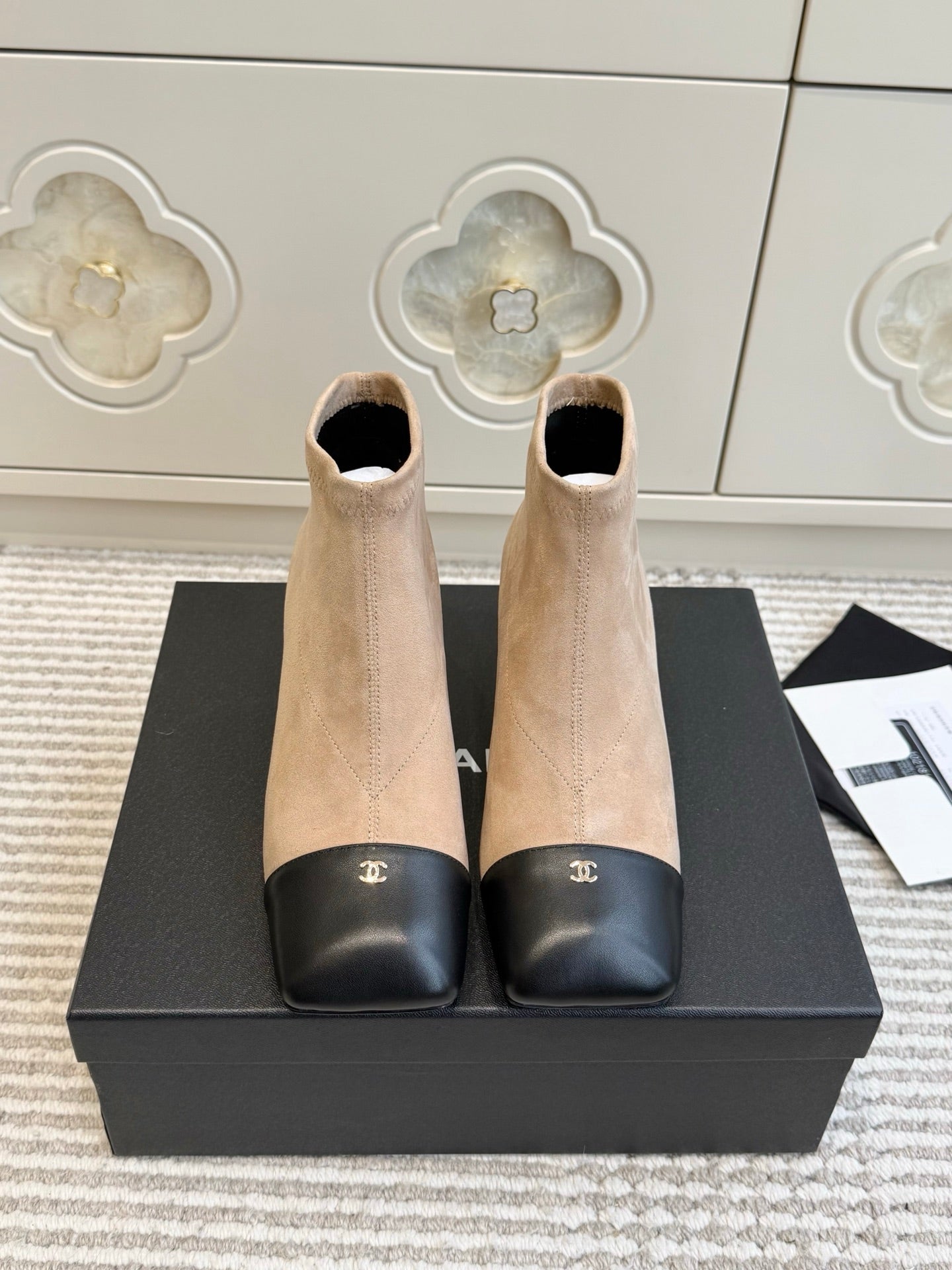 CHANEL 26S ANKLE BOOTS IN BEIGE SUEDE AND BLACK PATENT SQUARE TOE