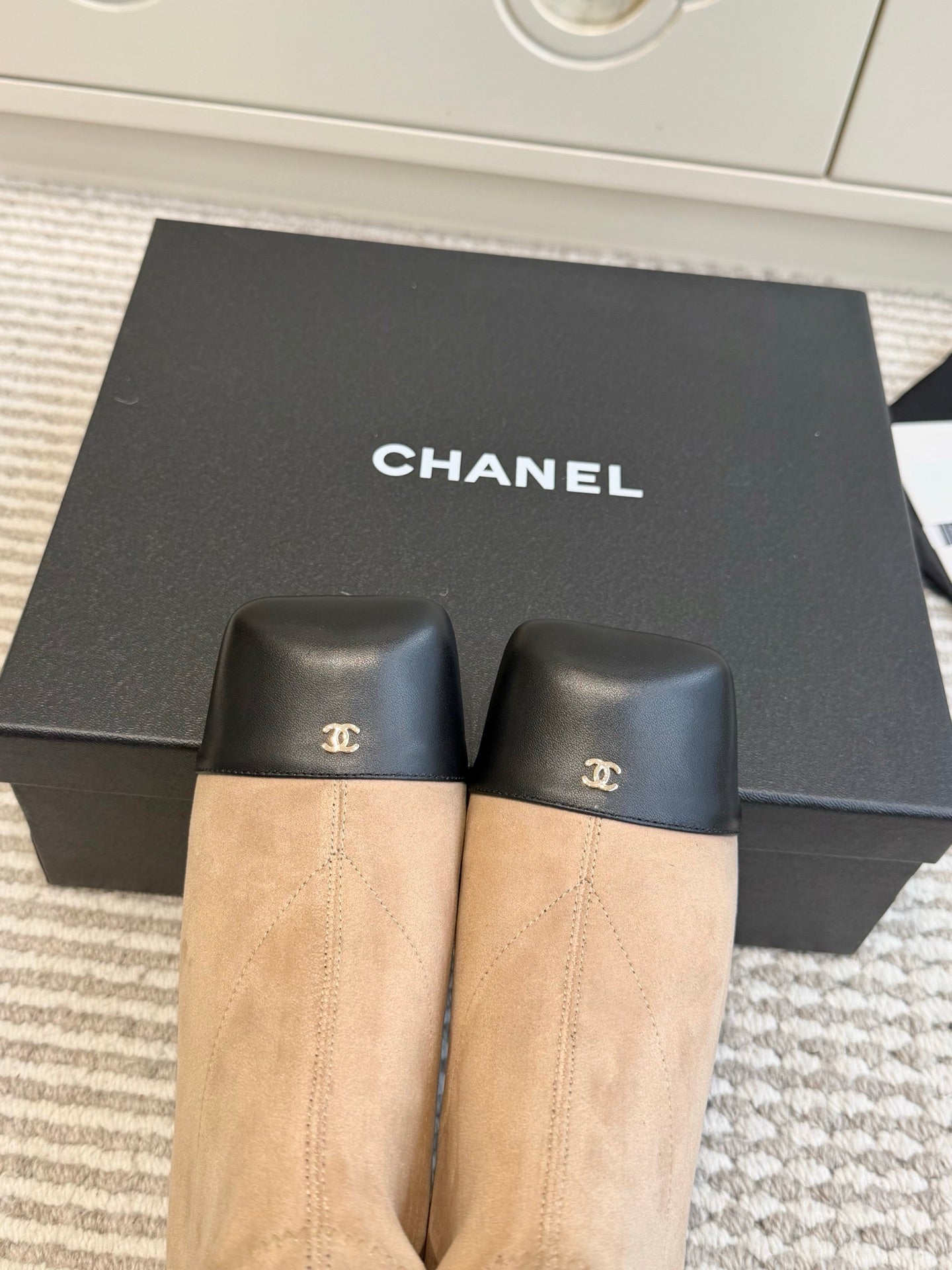 CHANEL 26S ANKLE BOOTS IN BEIGE SUEDE AND BLACK PATENT SQUARE TOE