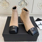 CHANEL 26S ANKLE BOOTS IN BEIGE SUEDE AND BLACK PATENT SQUARE TOE