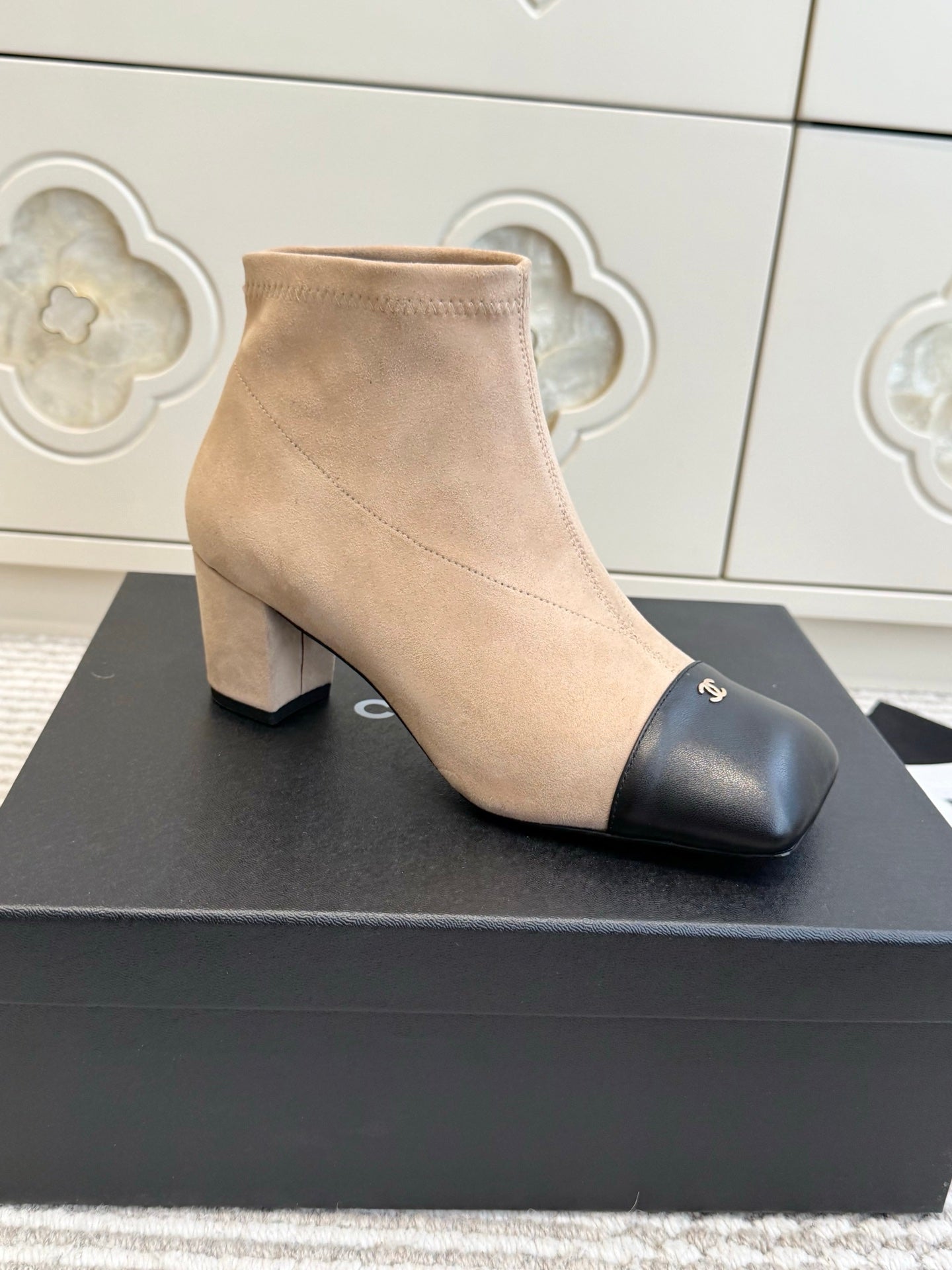 CHANEL 26S ANKLE BOOTS IN BEIGE SUEDE AND BLACK PATENT SQUARE TOE