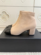 CHANEL 26S ANKLE BOOTS IN BEIGE SUEDE AND BLACK PATENT SQUARE TOE