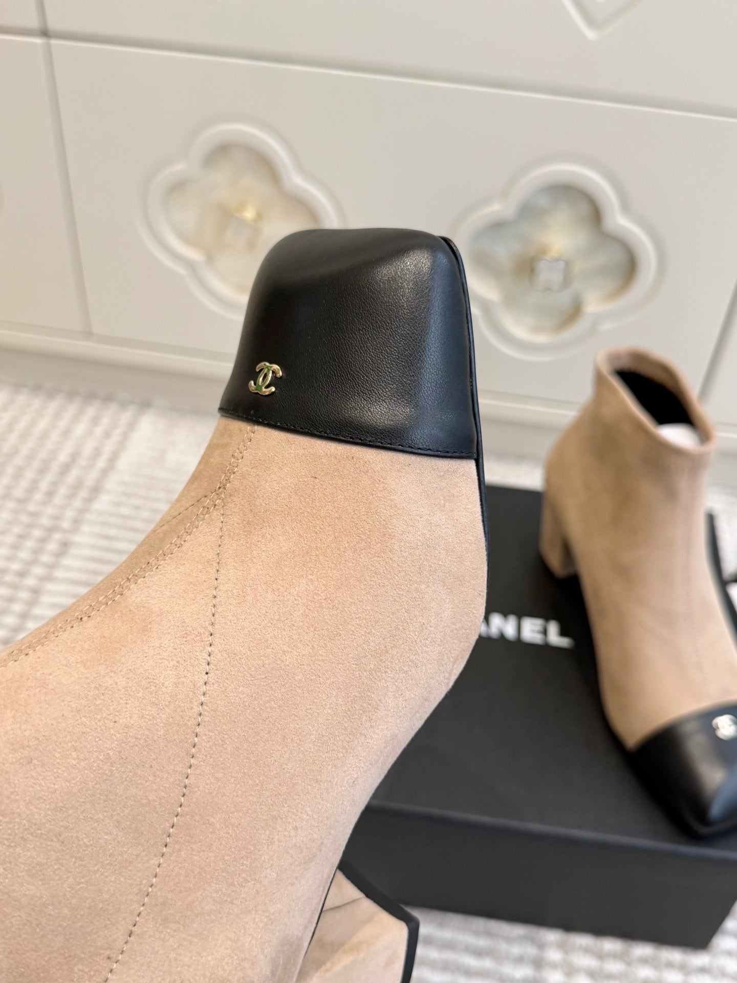 CHANEL 26S ANKLE BOOTS IN BEIGE SUEDE AND BLACK PATENT SQUARE TOE