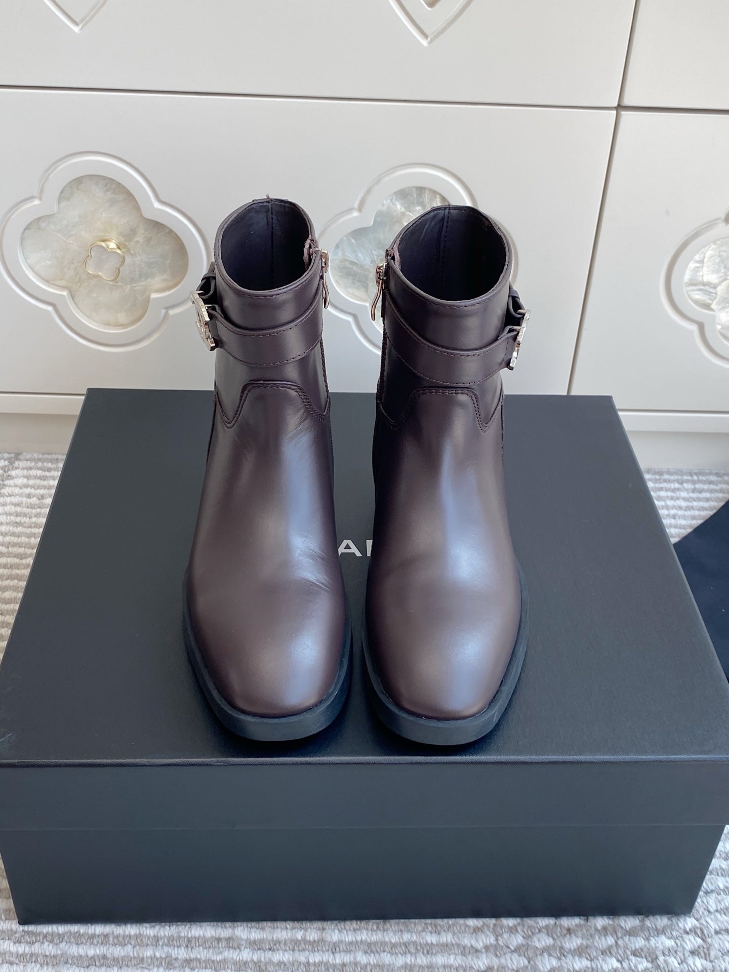CHANEL 26S SHORT RIDING BOOTS IN BROWN CALFSKIN GOLD TONE CC LOGO BUCKLE STRAP