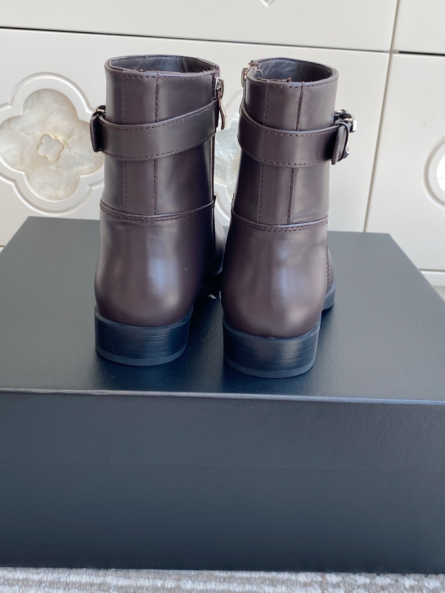 CHANEL 26S SHORT RIDING BOOTS IN BROWN CALFSKIN GOLD TONE CC LOGO BUCKLE STRAP