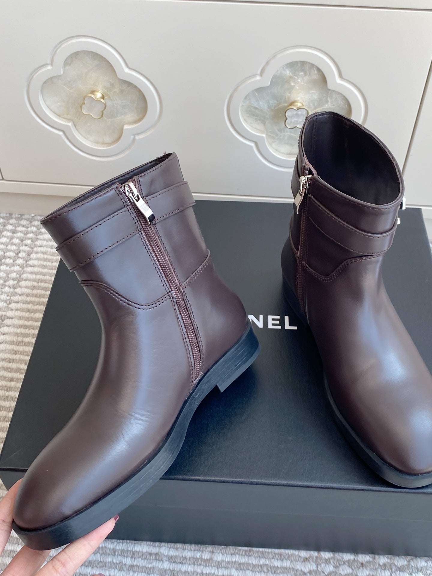 CHANEL 26S SHORT RIDING BOOTS IN BROWN CALFSKIN GOLD TONE CC LOGO BUCKLE STRAP