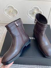 CHANEL 26S SHORT RIDING BOOTS IN BROWN CALFSKIN GOLD TONE CC LOGO BUCKLE STRAP