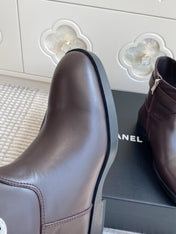 CHANEL 26S SHORT RIDING BOOTS IN BROWN CALFSKIN GOLD TONE CC LOGO BUCKLE STRAP