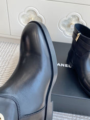 CHANEL 26S SHORT RIDING BOOTS IN BLACK CALFSKIN GOLD TONE CC LOGO BUCKLE STRAP