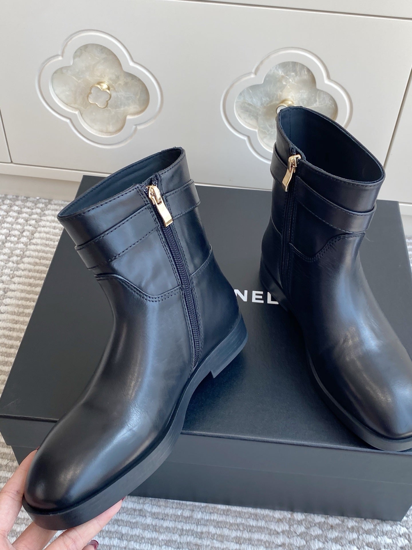 CHANEL 26S SHORT RIDING BOOTS IN BLACK CALFSKIN GOLD TONE CC LOGO BUCKLE STRAP