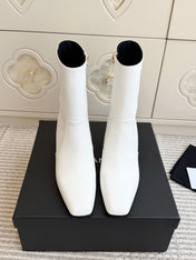 CHANEL 26S HIGH HEEL ANKLE BOOTS 70 MM IN WHITE CALFSKIN SQUARE TOE